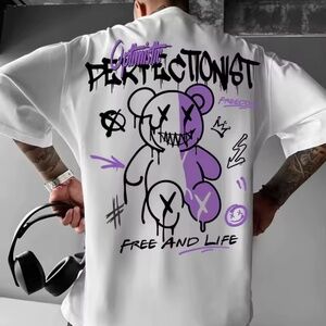 New Men T-shirt Fashion Letter Bear Print Pattern Size M